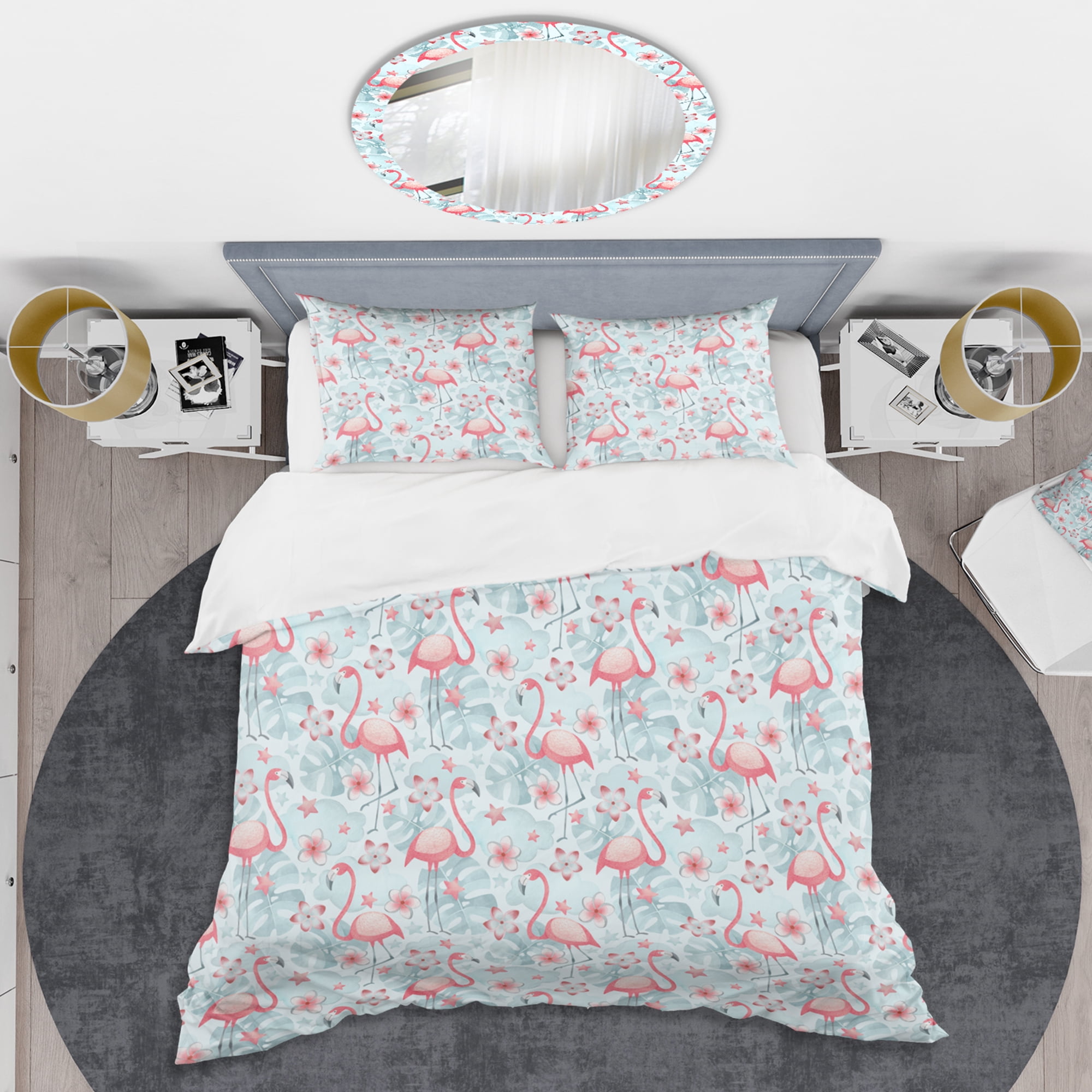 Designart 'Tropical Botanicals, Flowers And Flamingo III' Mid-Century Modern Duvet Cover Set