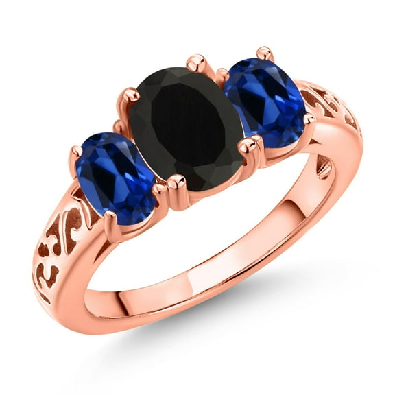 Gem Stone King 18K Rose Gold Plated Silver Black Onyx and Blue Created Sapphire Filigree Style 3 Stone Ring for Women (2.80 Cttw, Oval 8X6MM and 6X4MM) (Size 8)