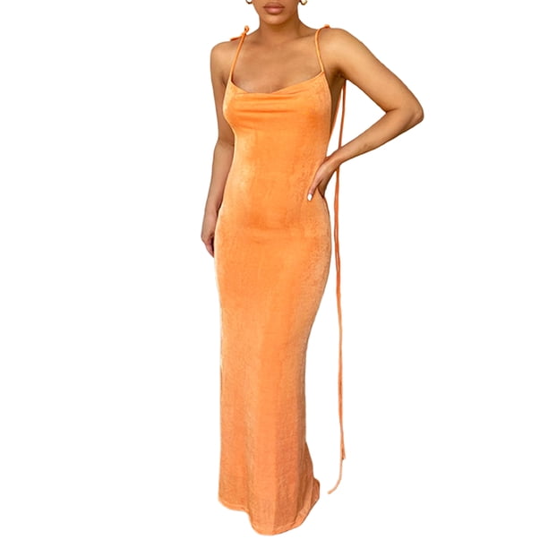 VISgogo Vestido sin mangas con espalda abierta para mujer, falda larga hasta el suelo con correa de espagueti de color sólido, negro/beige/azul VISgogo moda