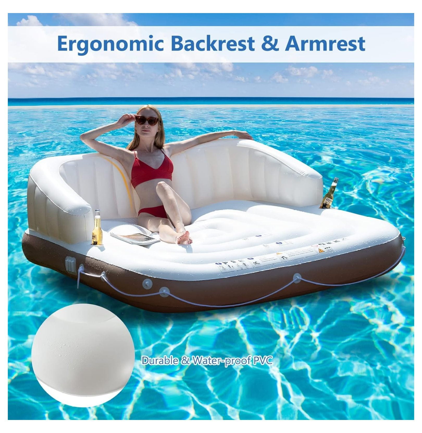 2-3 Person Inflatable Pool Float, 71”x71” Giant Inflatable Island Bed with UPF50 Retractable Canopy & Built-in Cup Holder, Load 440LBS, Blow-up Floating Lounge Island for Pool Lake Beach