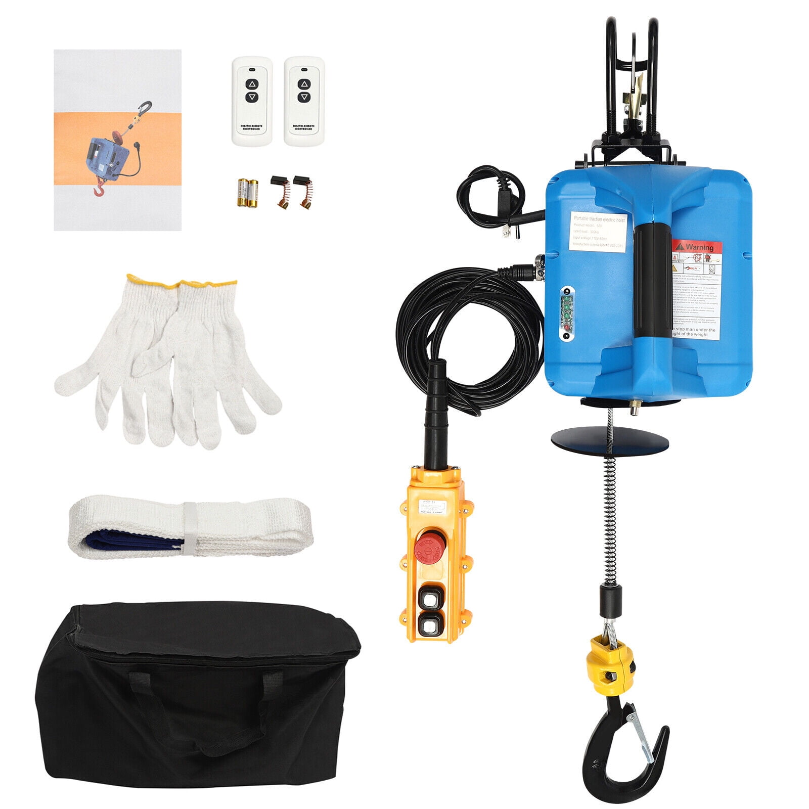 110V Portable Electric Hoist Winch Engine Crane Lifting ww/ 2 Remotes 1100lbs