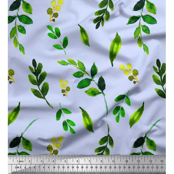 Soimoi Blue Silk Fabric Leaf Leaves Print Fabric by the Yard 44 Inch Wide
