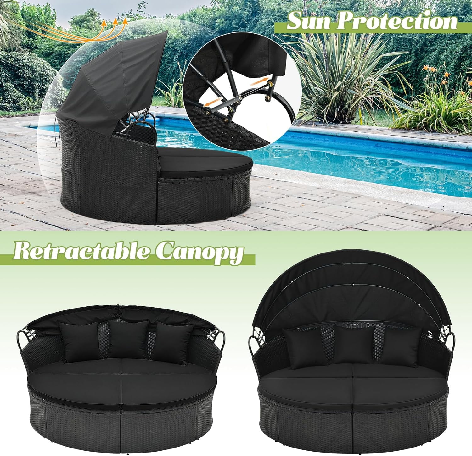 Gymax Patio Outdoor Round Wicker Daybed w/ Separate Seating Sofa, Retractable Canopy, 4 Cushion 3 Pillows Black