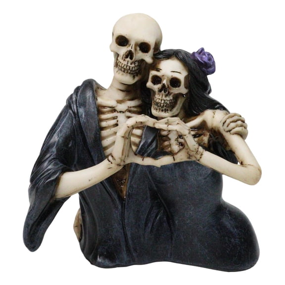 Love Never Dies Black Cloaked Skeleton Couple Love Sign Hand Gesture Figurine