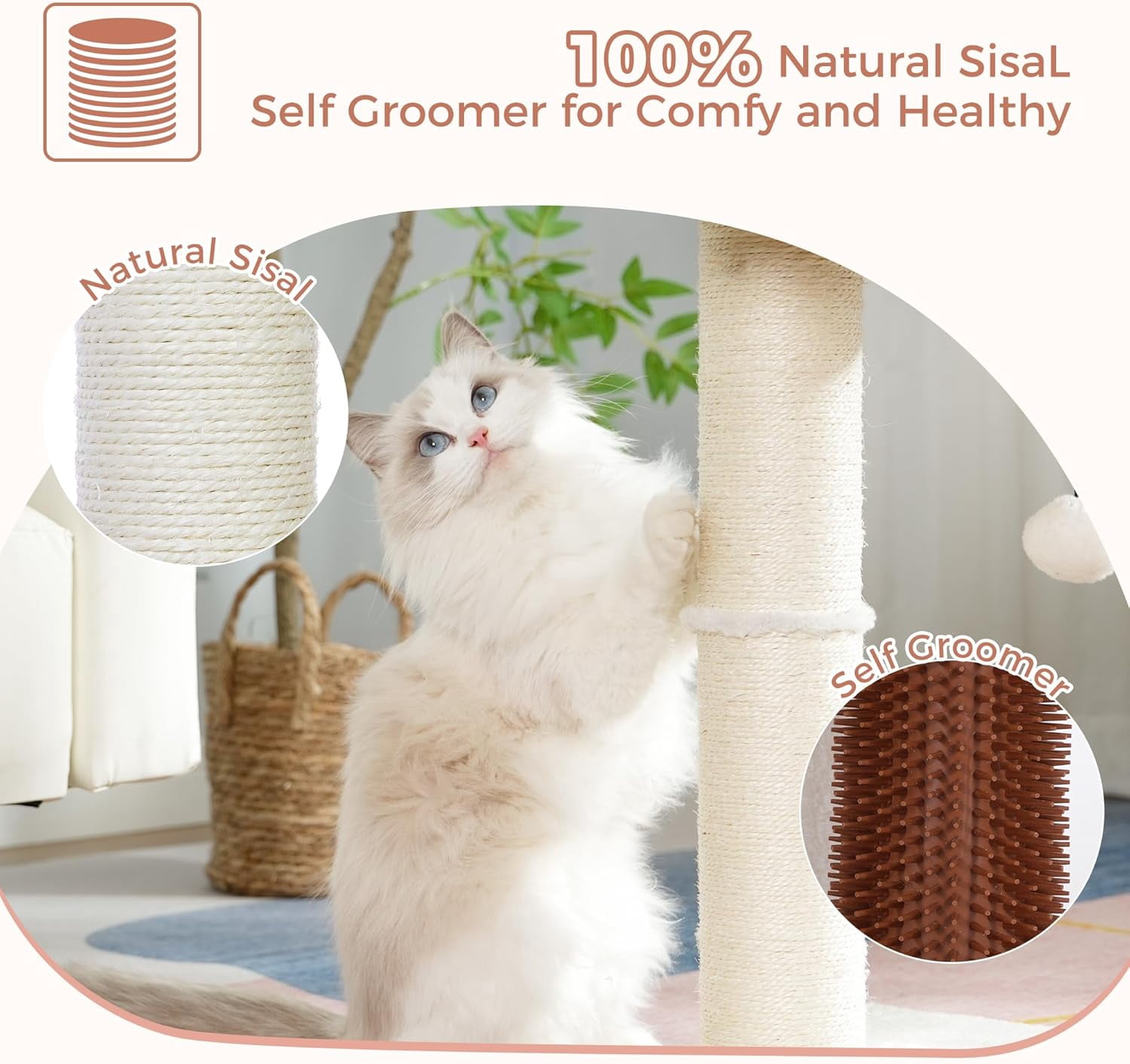 Cat Tree Tower for Large Cats Cat Scratching Post with Cat Self Groomer,Top Bed, Thick Scratch Post Danging Ball Great for Indoor Cats