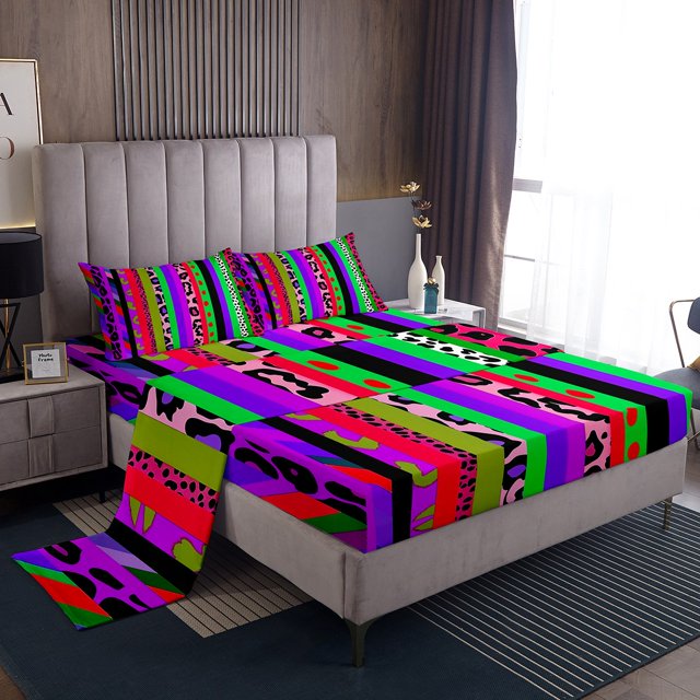 Erosebridal Teens Cheepah Print Sheet Set Full, Cartoon Rainbow Bedding Sets Full Size, Colorful Stripe Decor