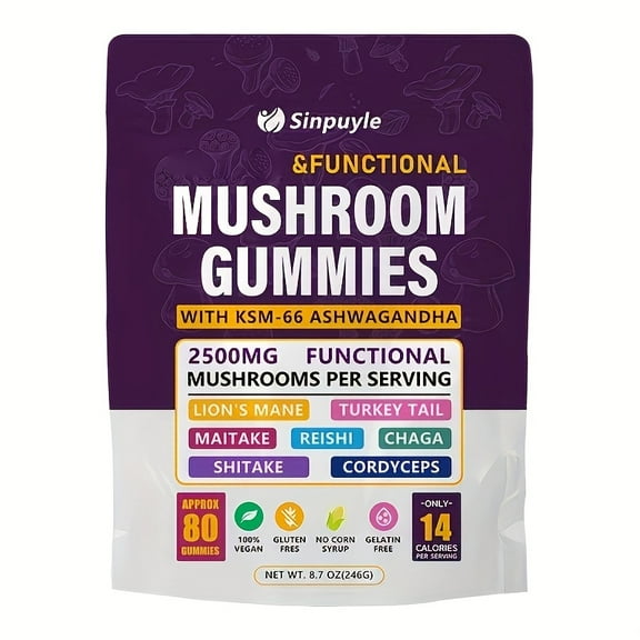 Functional Mushroom Gummies with KSM-66 Ashwagandha - 2500mg 7-Mushroom Blend (Lion’s Mane, Reishi) - 80 Vegan, Gluten-Free Gummies