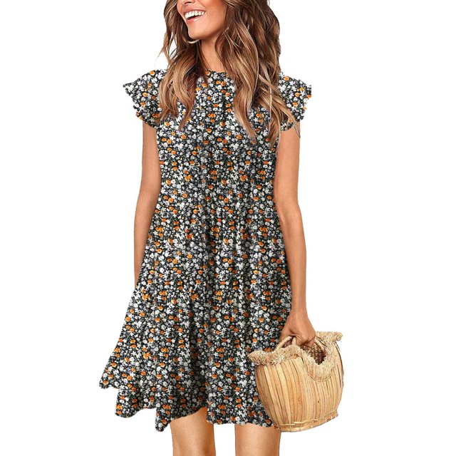 Summer Dress for Women Sleeveless Ruffle Sleeve Round Neck Mini Dress Solid Color Loose Fit Short Flowy Pleated Dress, Yellow, L