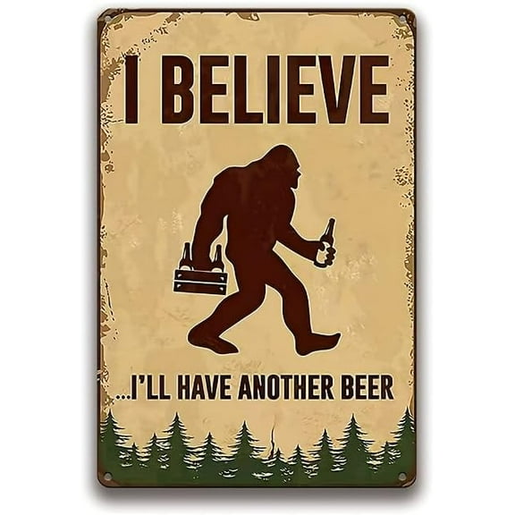 1pc Whimsical Sasquatch Metal Tin Sign 12x8 Inches - 'I Believe I'll Have Another Beer' Funny Bar Sign, Novelty Wall Decor For Pubs, Home Bars, Enthusiasts
