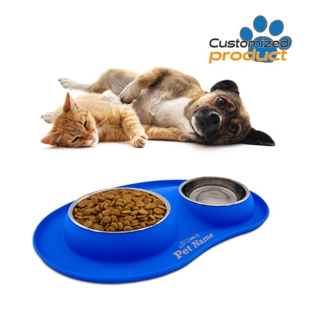 KE WOOW Customized Pet bowl set stainless steel with non-slip silicone mat Set of 6.76 fl.oz and 13.52 fl.oz . BPA free- Silicone 100% Food Grade Eco-Friendly prevents spills. Blue