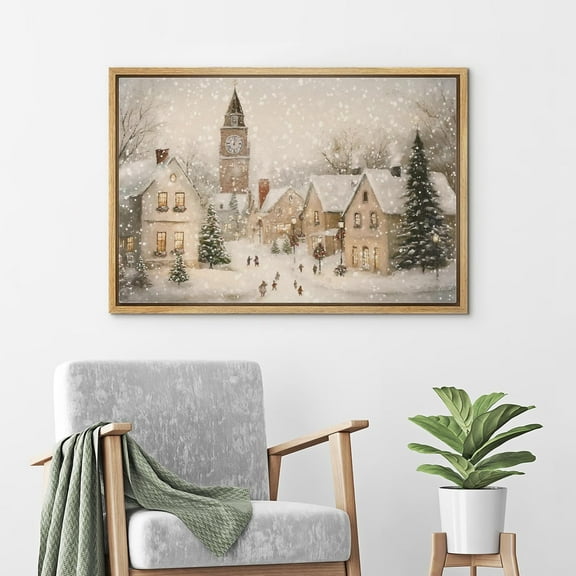 IDEA4WALL Framed Canvas Art Wall Decor Painting Charming Snowy Town Square Christmas Village with Clock Tower Fine Art Vintage Retro Chic for Dorm Home Office - 16"x24" Natural