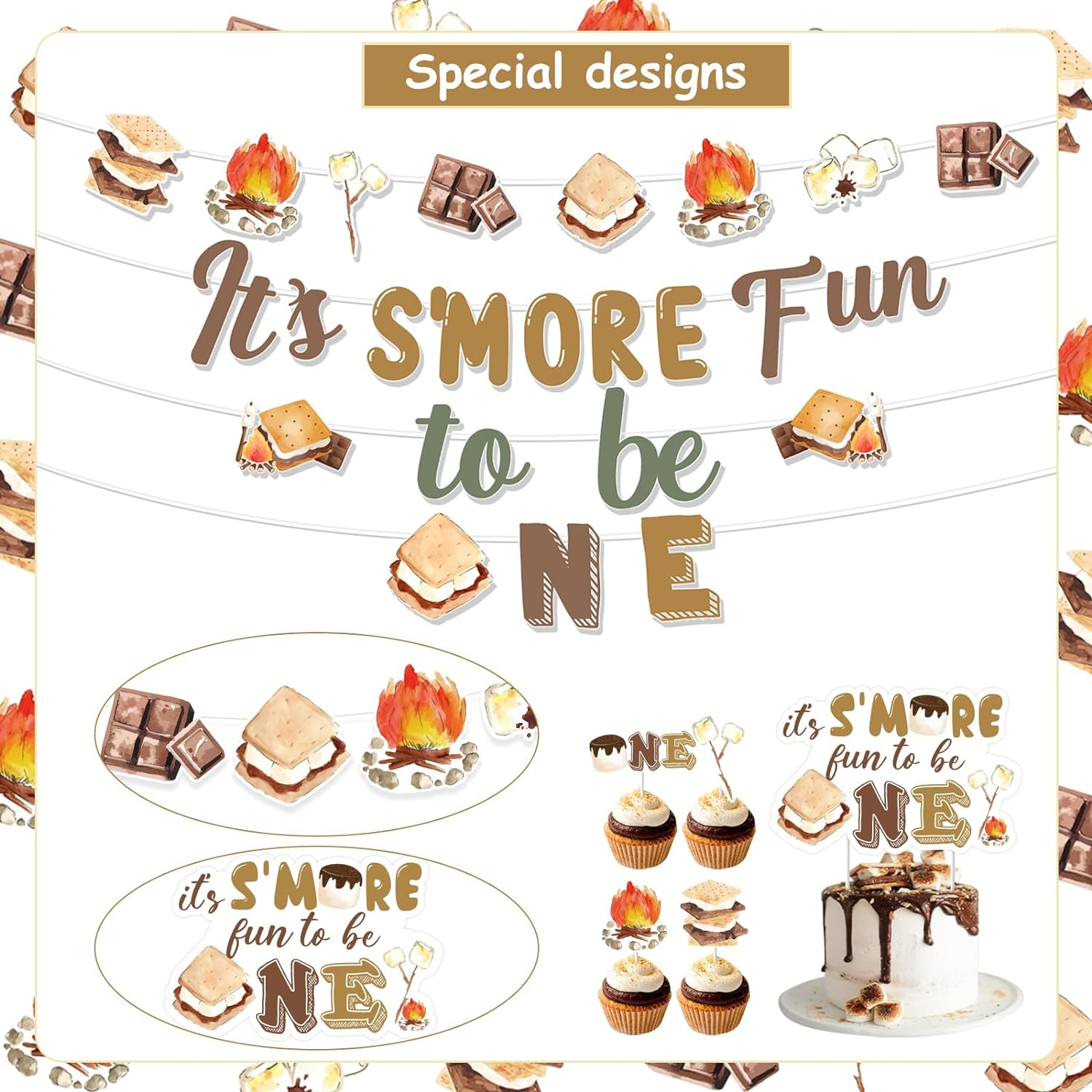 Geburtstags Banner „It's S'more Fun To Be One“ – Camping Design, Gold Glitzer, Für 1. Geburtstag