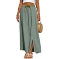 thumbnail image 2 of Cotton Linen Maxi Skirt, High Waisted Flowy Long Skirt with Side Slit, Casual Elastic Waist Drawstring Midi Skirt, Solid Color, 2 of 5
