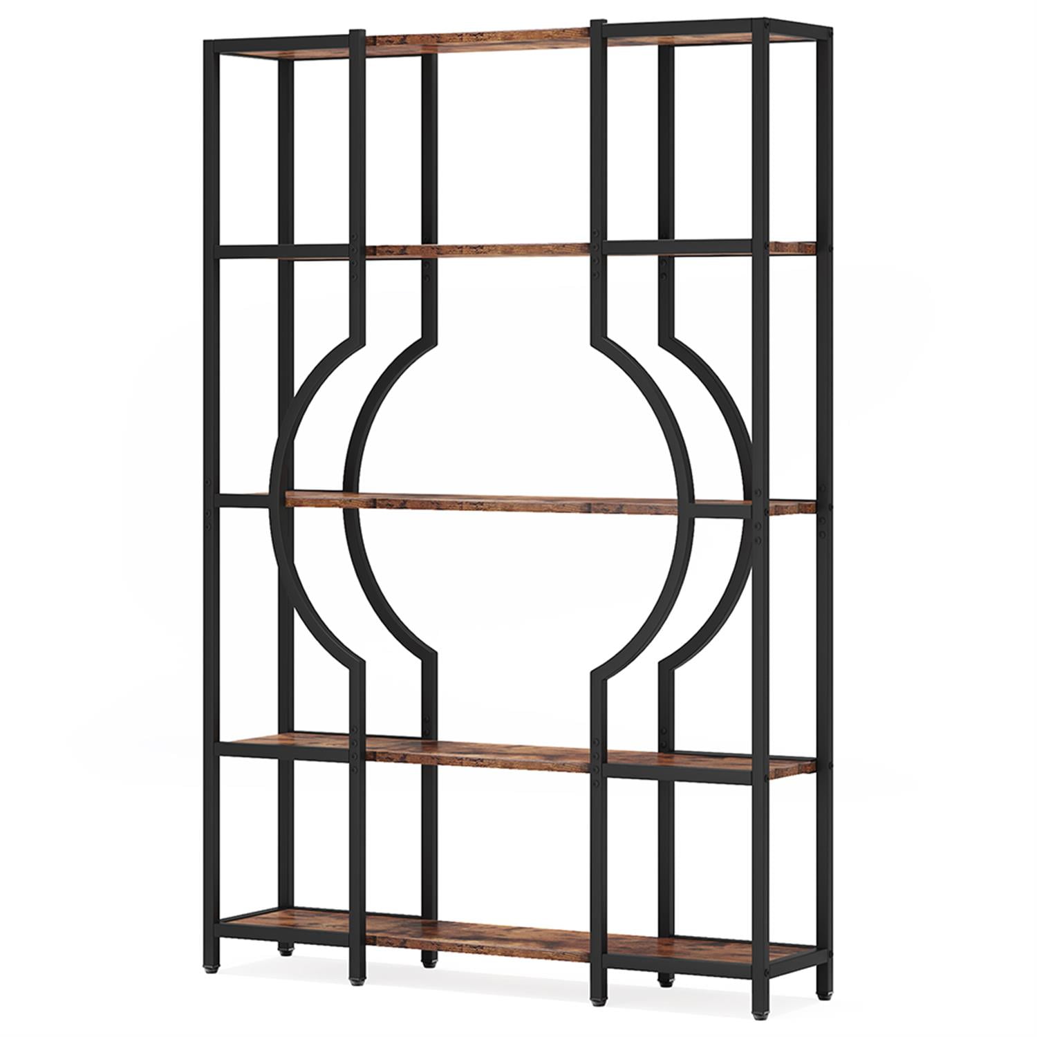 Demi Bonn 5 Tier Bookshelf, Wood and Metal Bookcase Storage Organizer, 66" Tall Industrial Display Standing Shelf Unit for Bedroom, Living Room, Brown