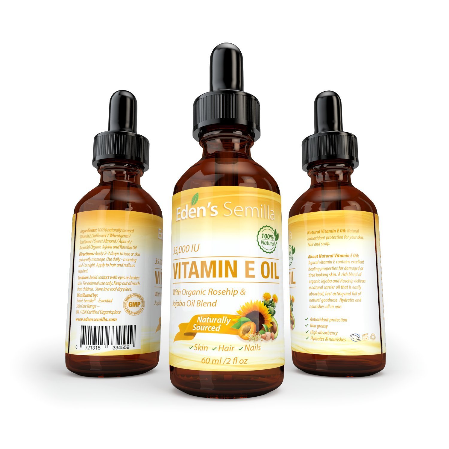 100% Natural Vitamin E Oil 35,000 IU + Organic Rosehip & Jojoba Blend - 2 OZ Bottle. FAST Absorbing Skin Protection For Face & Body. Pure Ingredients - Ideal For Sensitive Skin - Use Daily - image 2 of 4