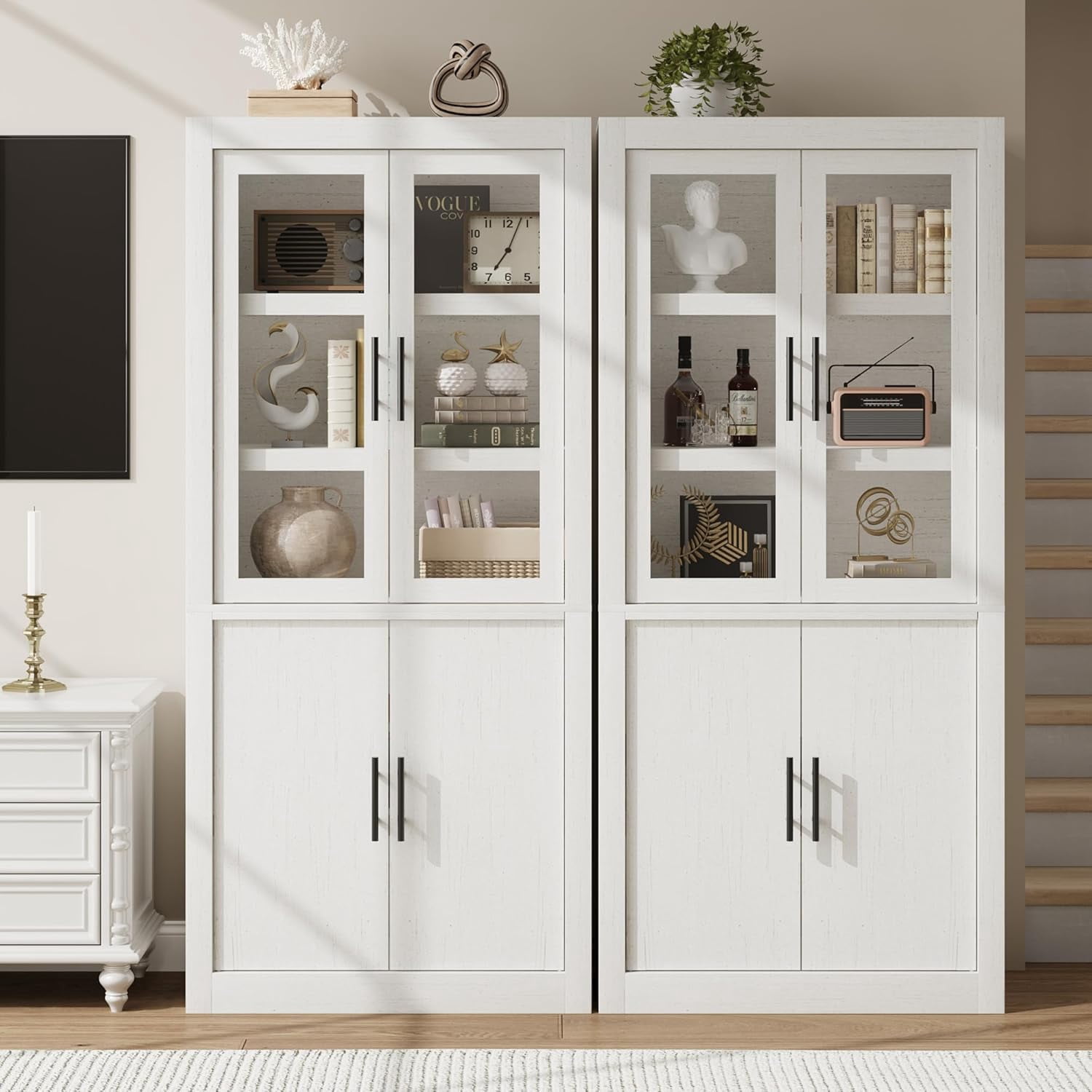 Garvee Farmhouse Pantry Cabinet, 2 Glass Doors & 2 Wood Doors, 30 x 14.5 x 70.4", White