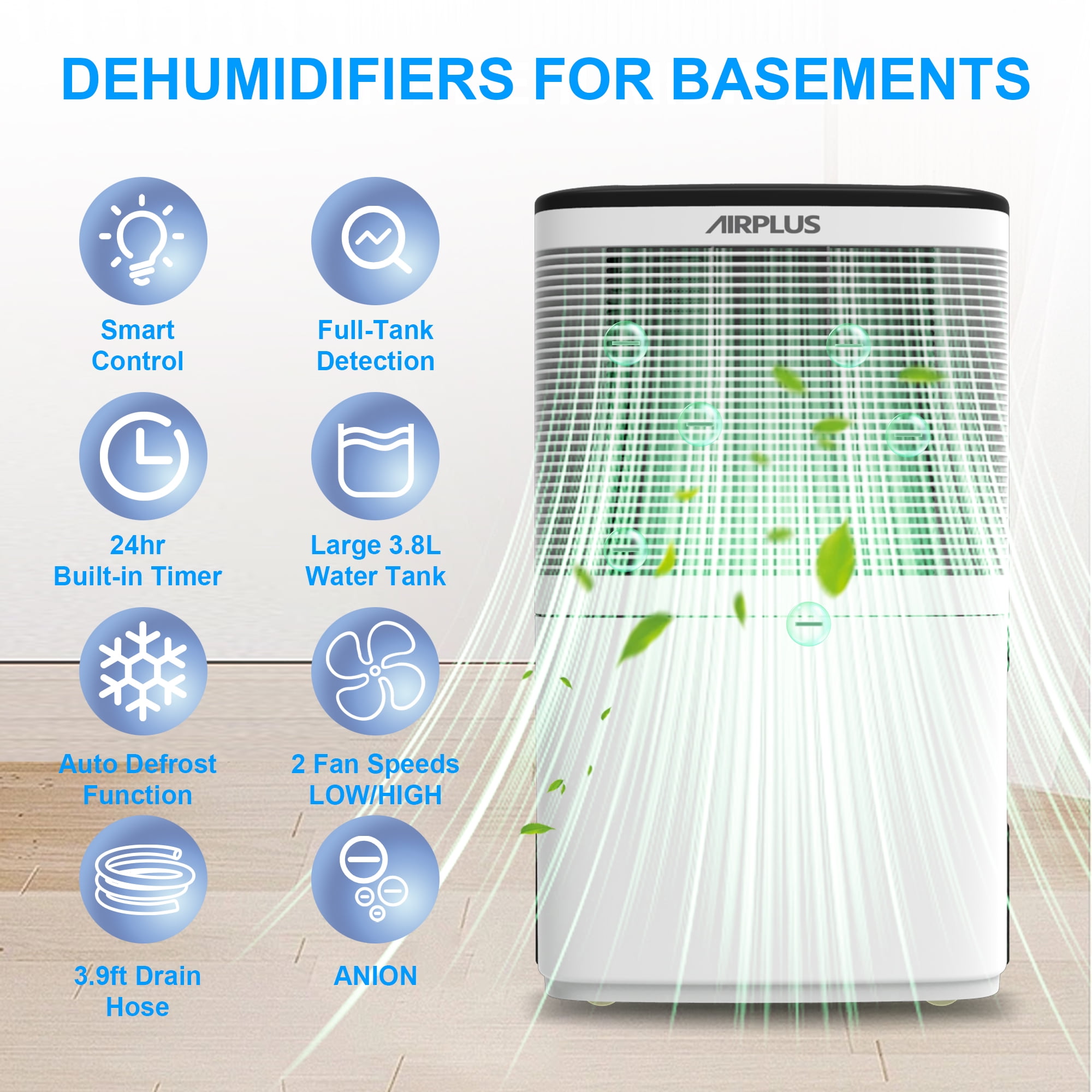 AIRPLUS 50 Pint Dehumidifier for Basements up to 3500 Sq. Ft, Dehumidifier with Drain Hose, 24Hr Timer, Auto Drainage, DOE 9.69 Pint, White