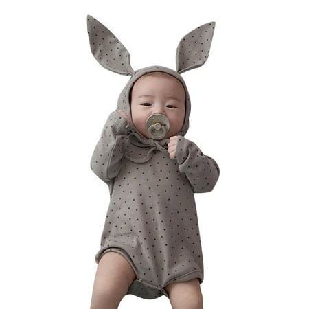 

Baby Boys Girls Long Sleeve Print Romper With Cute Rabbit Hat Outfit Set Clothes 2PCS Toddler Shirt with Bow Tie