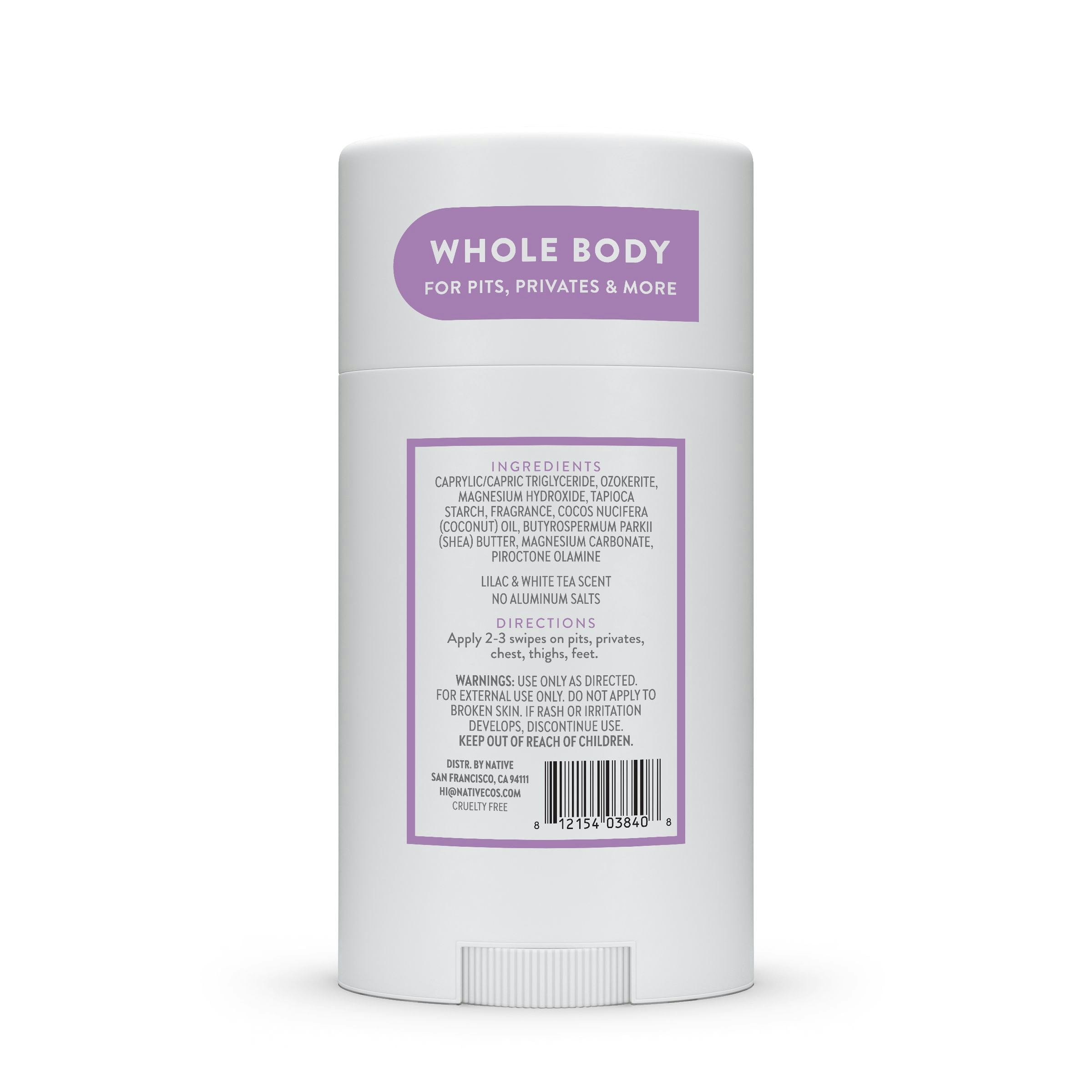 Native Whole Body Deodorant Stick, Lilac & White Tea, Aluminum Free, for Women and Men, 2.3 oz