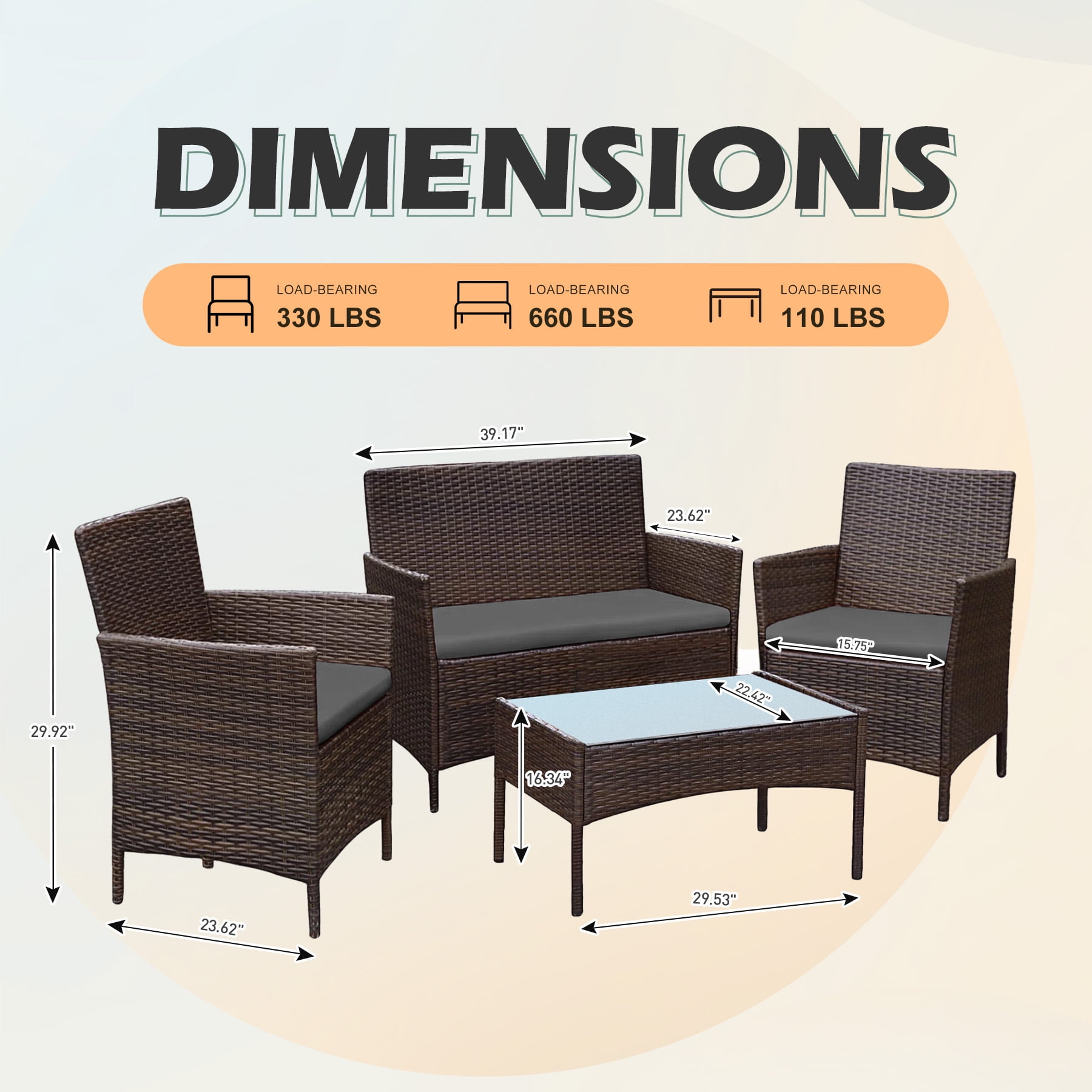 Tappio 4 PCS Outdoor Rattan Furniture Patio Conversation Set, Wicker Sofa Garden Conversation Bistro Sets for Yard, Pool or Backyard, Brown/Dark Gray