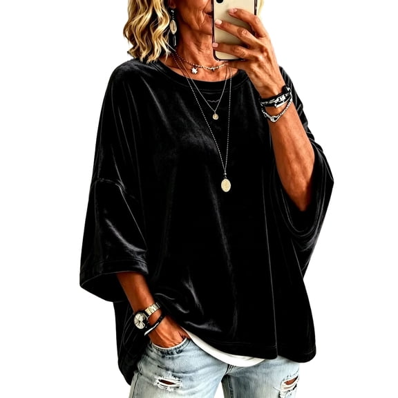 Garbnen Velour Batwing 3/4 Sleeves Womens Crewneck Sweatshirt Drop Shoulder Oversized Sweatshirt for Women Dressy Casual Trendy Fall Vintage Retro Women's Sweaters Pullover