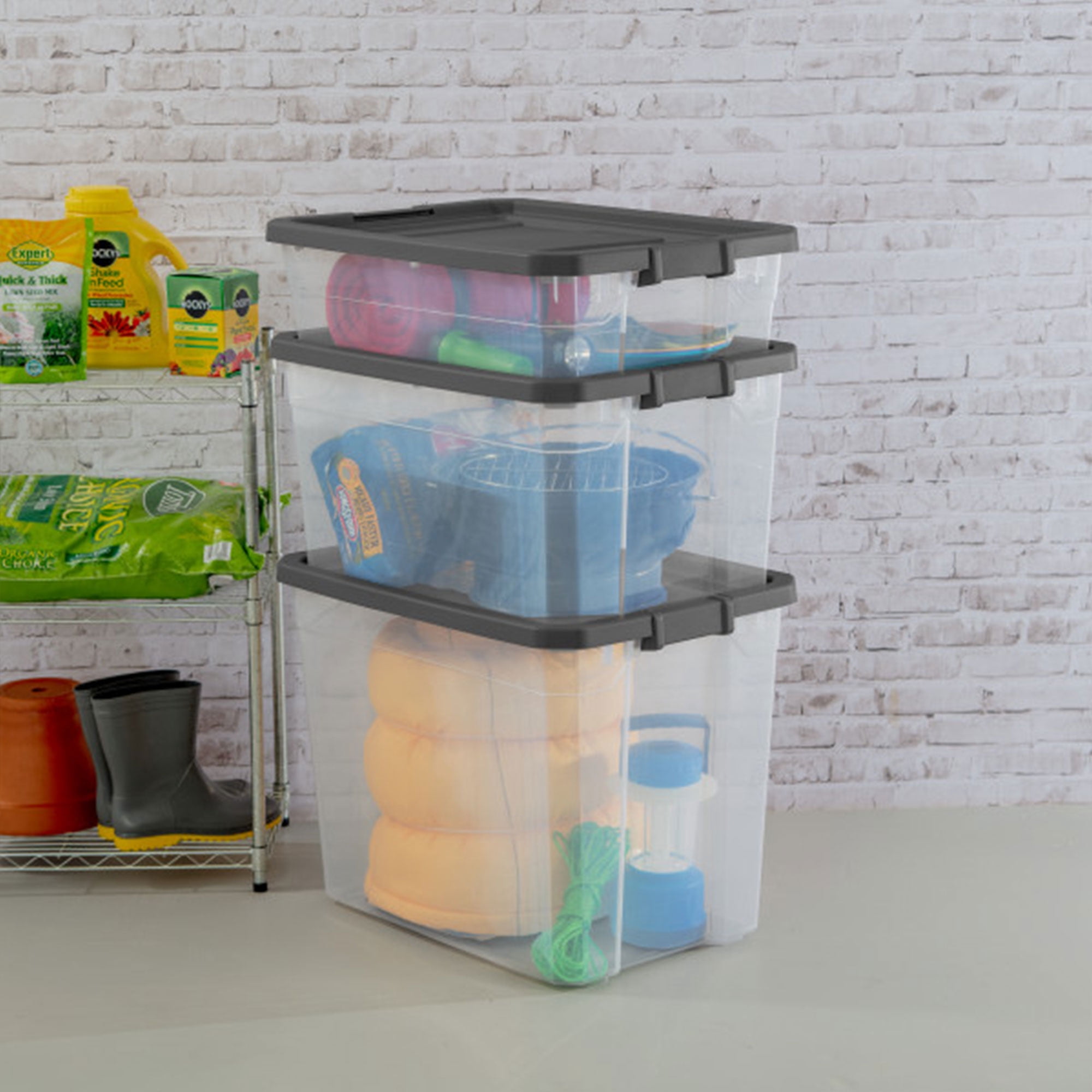 Sterilite 76 Qt Clear Plastic Stacker Storage Bin w/ Lid, Grey (24 Pack)