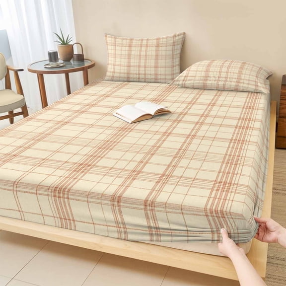 Cal.King Size Fitted Sheet Set - Check Plaid 3 Piece Bedding Sets 16" Deep Pocket Fitted Sheet with 2 Pillowcases, Orange Grids Stripes Modern Minimalist Brushed Microfiber Hotel Luxury Bed Sheets