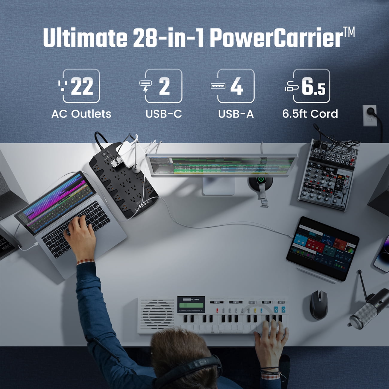 Power Strip with 22 Outlet and 4 usb-A 2 usb-C ports with Cable Manager, 6.5 Ft Long Cord,Black