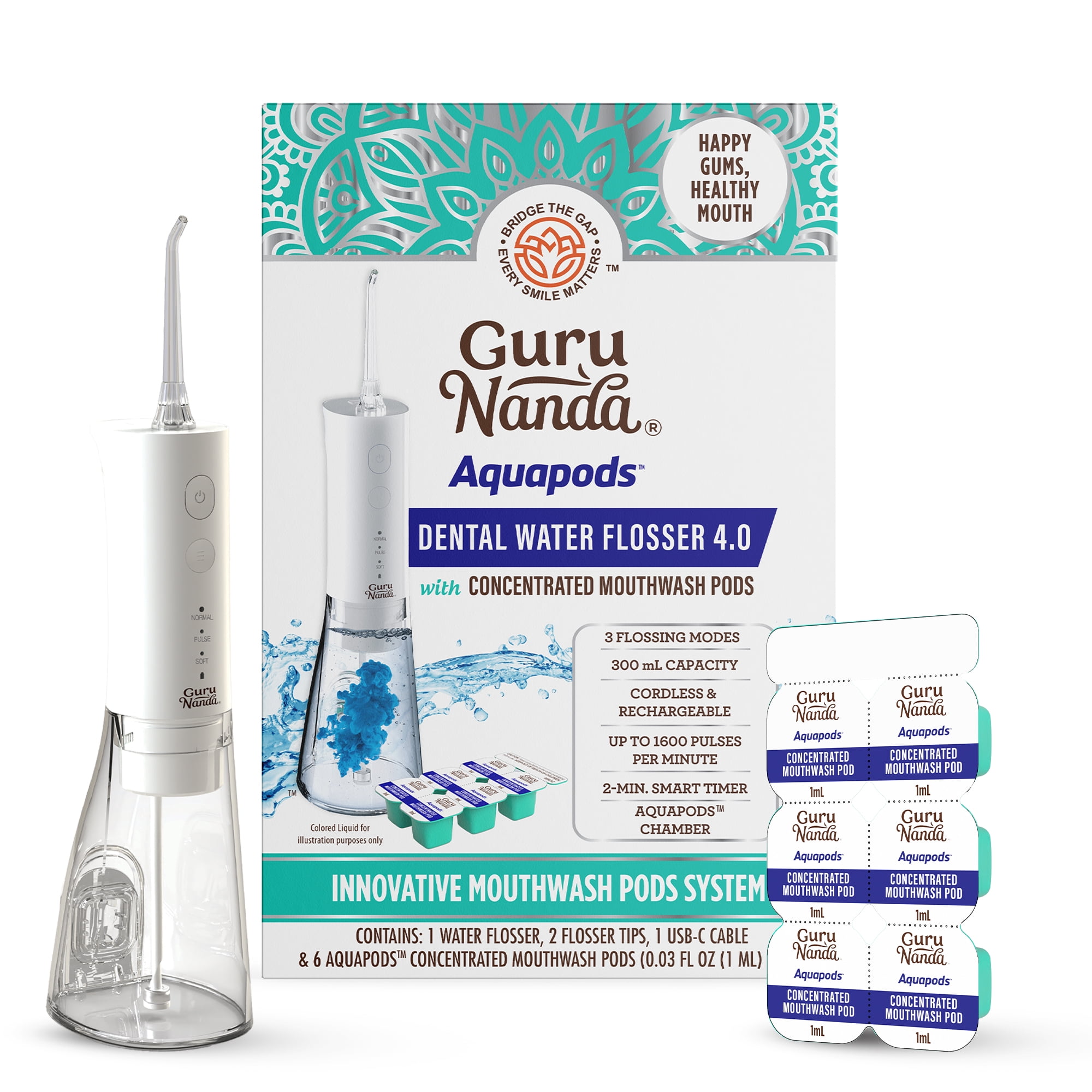 GuruNanda Dental Water Flosser 4.0 with Concentrated Mouthwash Pods, 300 mL, White