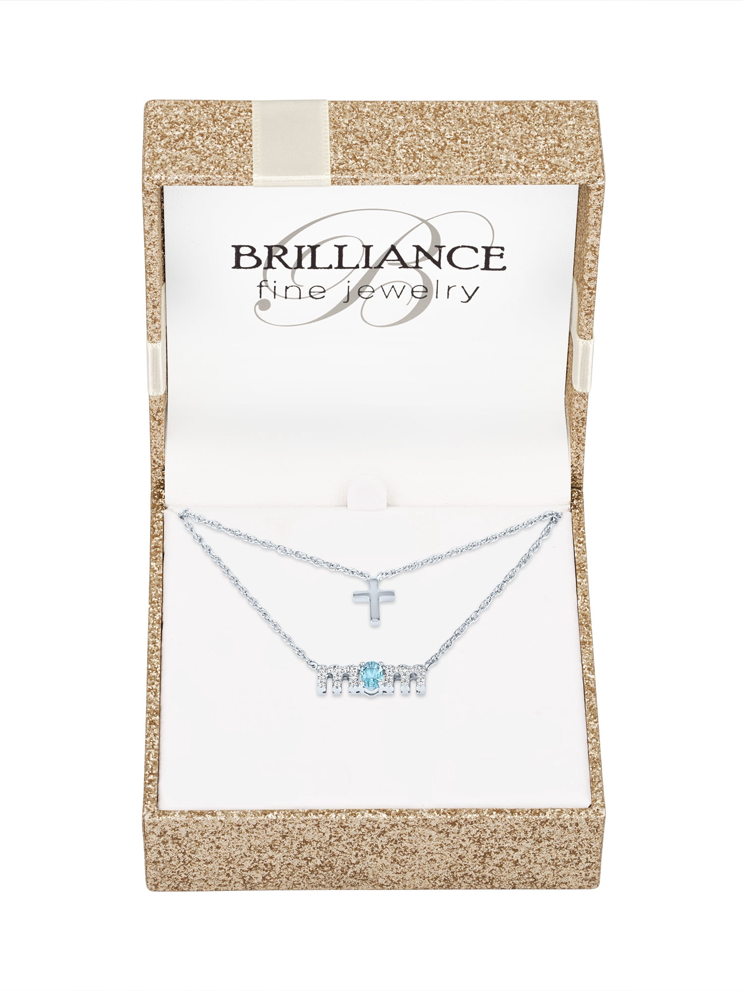 Ladies Brilliance Fine Jewelry Sterling Silver Plated Similated Blue Topaz & CZ Mom Cross Pendant, 18"
