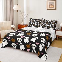 Manfei Kids Cute Ghost Twin Sheet Sets, Halloween Skull Skeleton Twin Fitted Sheet, Gothic Spider Web Flat Sheet, Breathable Home Decor, 3pcs