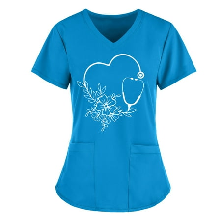 

purcolt Plus Size Tops for Women Women s Classic Slim Fit Scrubs Workwear Summer Short Sleeve V-Neck Heart Print Nurse Uniform Medical Scrubs Top with Pockets Stretch Casual Comfort Shirts
