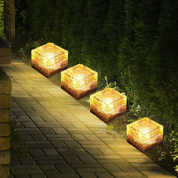 4 Pack Solar LED Ice Cube Lights, Ice Cube Light Brick Rock Lamp, Warm White Outdoor Solar Garden Decorative Lights for Walkway Pathway Backyard Christmas Decoration Parties