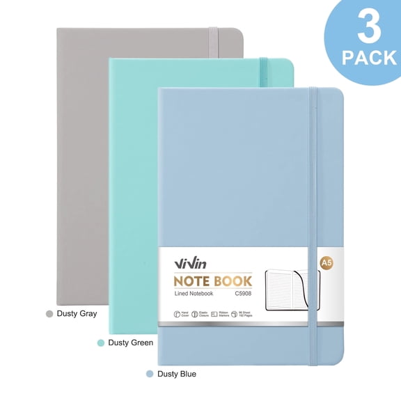 Vivin 3 Pack Journal Notebook, A5 Hardcover Leather Journals, College Ruled Lined Journal Notebook, Writing and Notebooks for Office, Home, School- Blue&Green&Grey