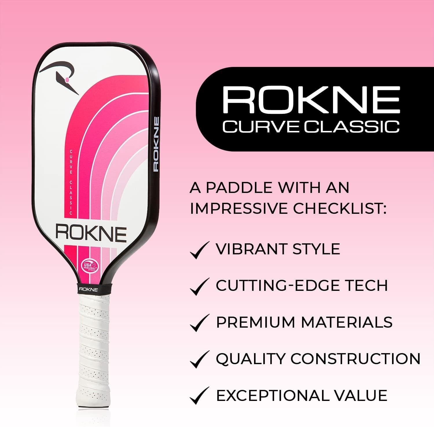 Rokne Curve Classic Fiberglass Pickleball Paddle Long Handle Racket with Comfortable Grip,Bubblegum