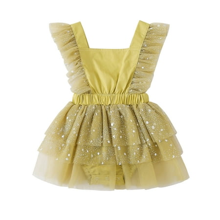 

Qmyliery Newborn Baby Dress Romper Infant Toddler Mesh Hem Fly Sleeve Sequins Surface Summer One Piece