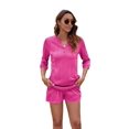 thumbnail image 2 of Women'S Solid Color V-Neck Mid-Sleeve Loose T-Shirt Pocket Shorts Set Rose Red S, 2 of 6