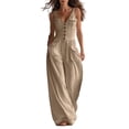 thumbnail image 3 of Boho Button Front Wide Leg Jumpsuit for Women - Sleeveless V-Neck Overall with Pockets, Flowy Casual Linen-Look Summer Romper Khaki XXL, 3 of 6