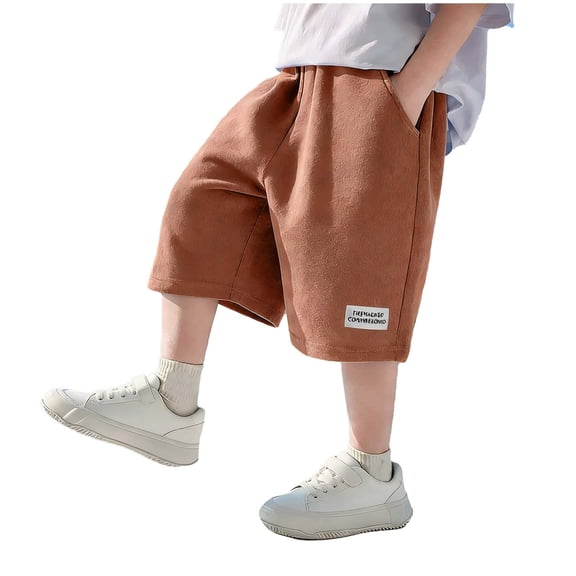 Cethrio Boys Cargo Shorts, Casual Running Knee Length Elastic Waist Summer Shorts Brown Size 8