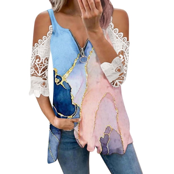 Elegante mujer casual cremallera cuello impresión blusa encaje manga corta camiseta verano Tops OAVQHLG3B Store lin121212
