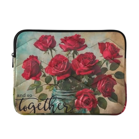 Quilted Padded Rustic Rose Printed Laptop Sleeve Case for 13-14 inch