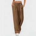 thumbnail image 2 of Qgtaibl Women's Drawstring Elastic Waist Wide Leg Pants Casual Loose Fit High Waisted Cotton Linen Trousers with Pockets Summer Lightweight Breathable Palazzo Pants Brown XL, 2 of 7