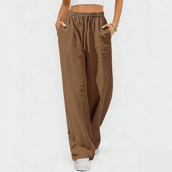 Cutuoiiu Women's Solid Color Drawstring Waist Cotton Linen Pants with Pockets Casual Ruched Wide Leg Trousers Gifts