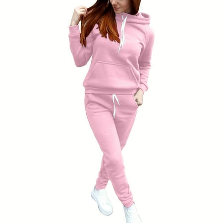 Mrat Women Sweatsuits Sets 2 Piece Solid Outfits High Neck Sweatshirt Drawstring Pant Jogger Tracksuits Set with Pockets S-24 Pink-a XXL
