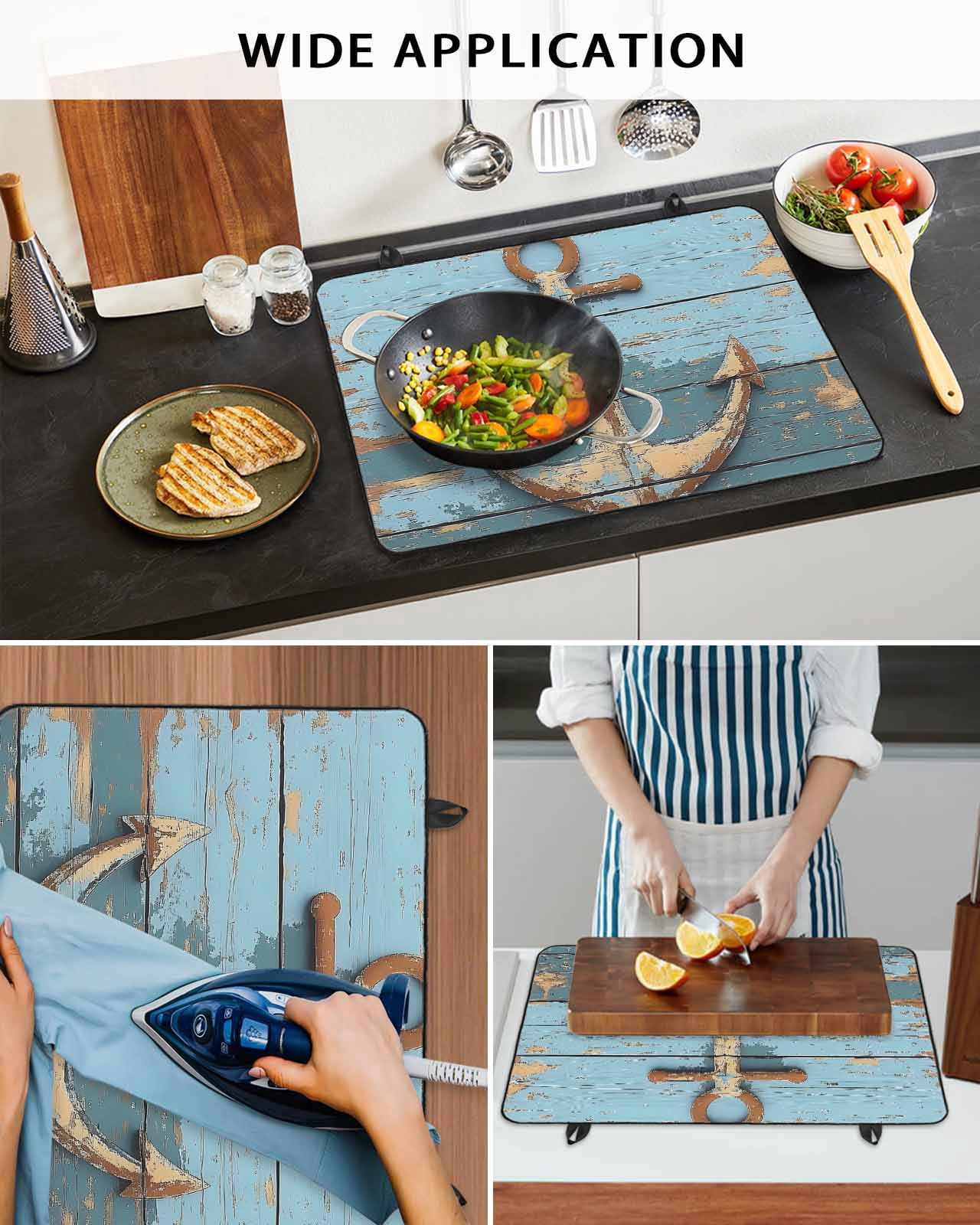 nqOlkjepod Large Induction Cooktop Protector Mat 28.5"x20.5", Brown Nautical Anchor Stove Top Covers for Electric Stove, Vintage Rustic Blue Wooden Plank Stove Burner Cover Mats Stove Cover