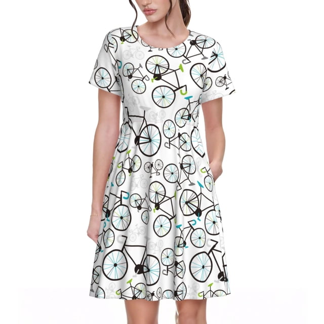 Bixox Robe d'Été à Manches Courtes pour Femmes Robe Ample Longueur Genou avec Poches-Vélo