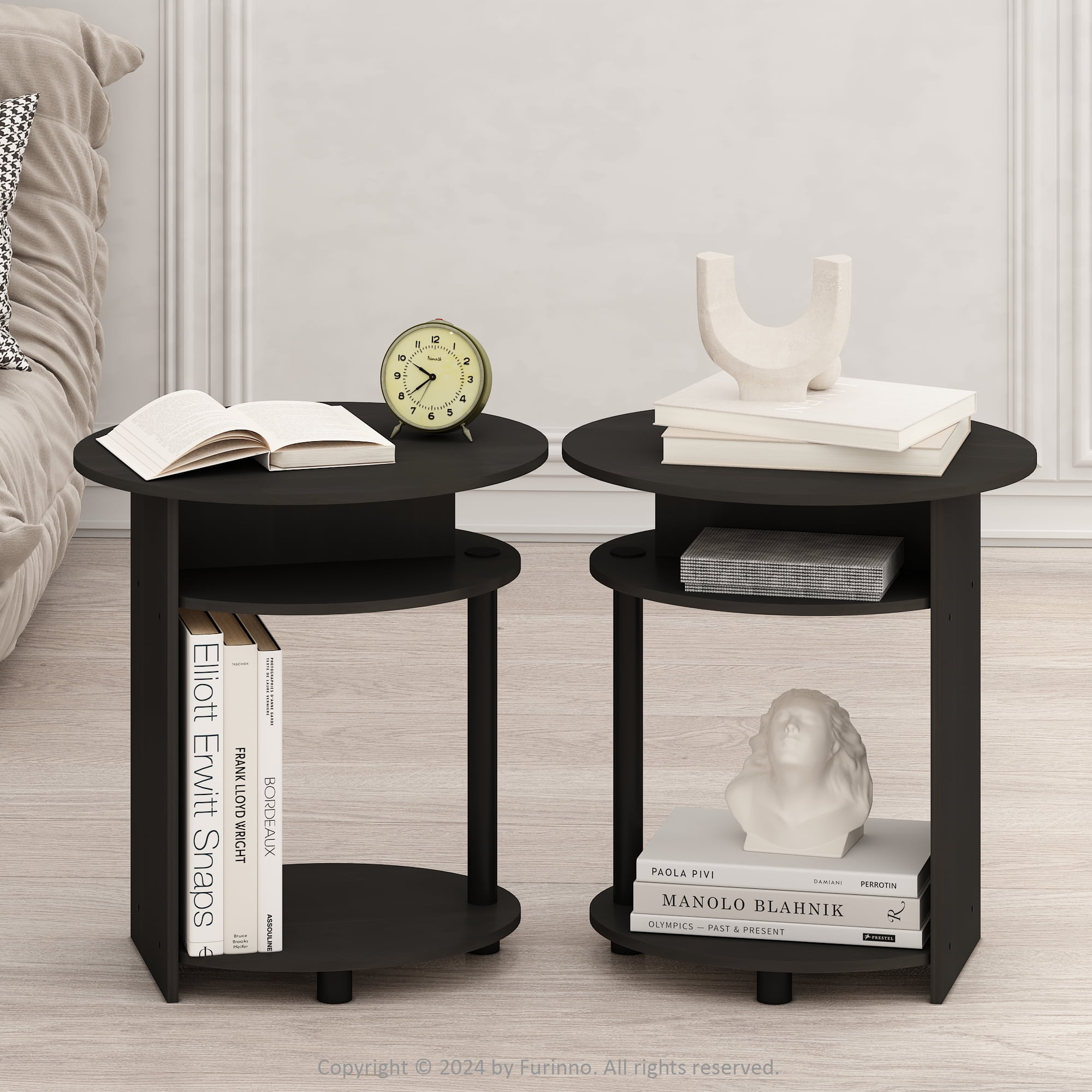 Furinno Tidur Simple Design Oval Nightstand, Bedside Table, Walnut, Set of 2