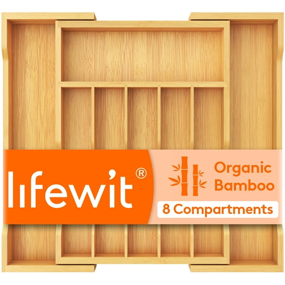 Lifewit Silverware Drawer Organizer, Expandable Utensil Tray for Kitchen, Bamboo Flatware and Cutlery Holder, Wood Adjustable Storage for Spoons Forks Knives, Large, Natural