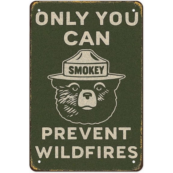 Smokey Bear Tin Sign Vintage Metal Wall Art Featuring “Only You Can Prevent Wildfires” Quote, Classic Forest Fire Safety Sign for Cabin, Campground, Or Outdoors Decor 8x12 Inch