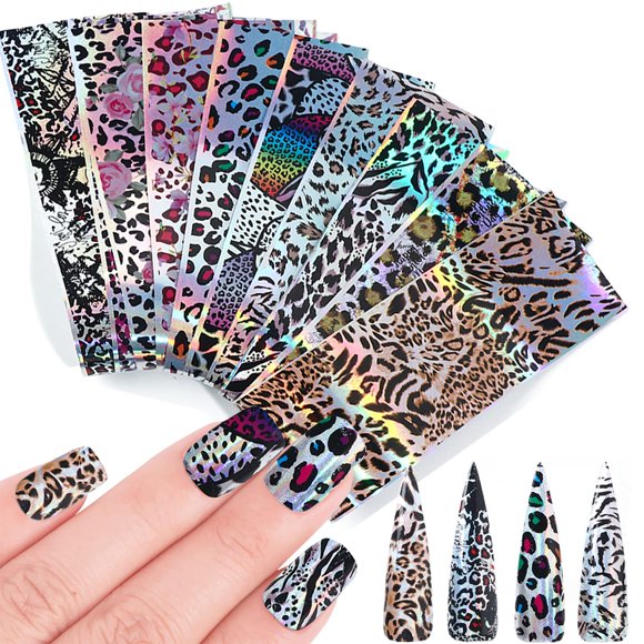 Onsdag Stickers de lámina holográfica para uñas con estampado de leopardo, 10 piezas